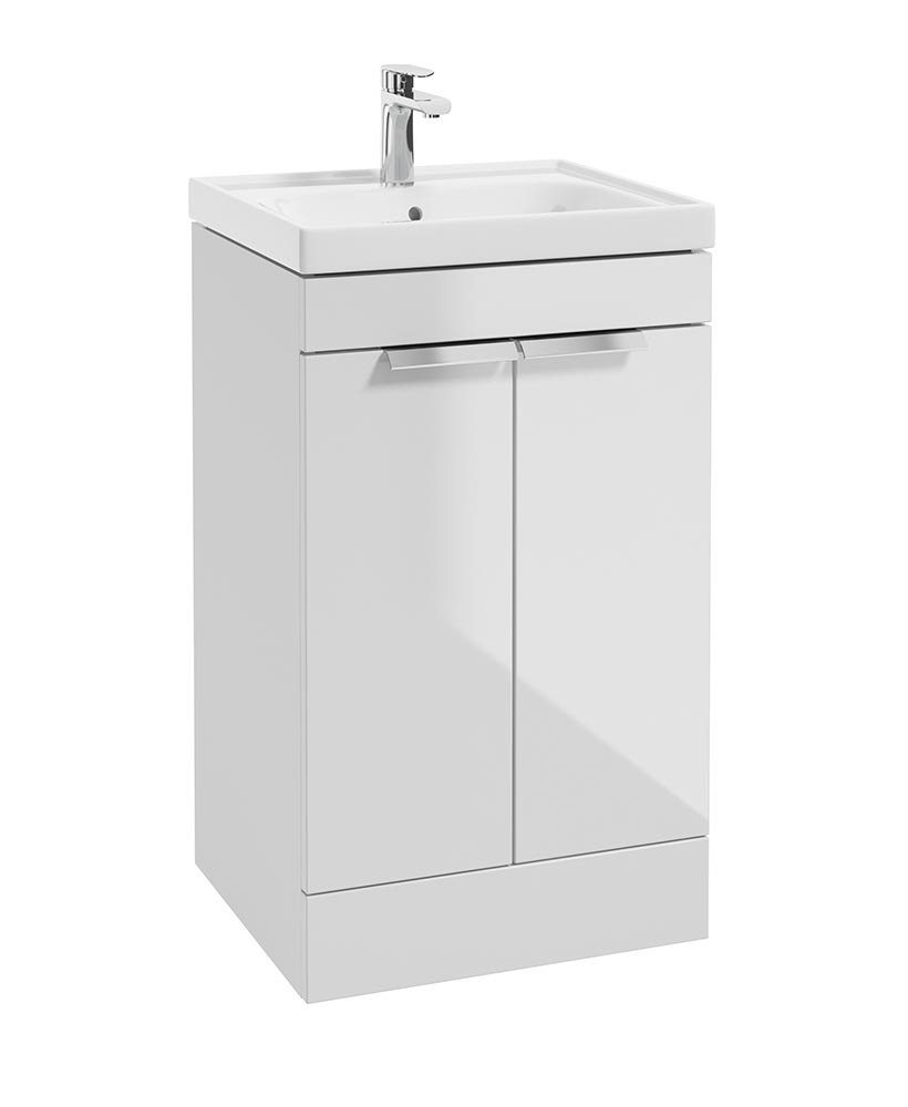 STOCKHOLM Gloss White 50cm 2 Door Floor Standing Vanity Unit - Brushed Chrome Handle