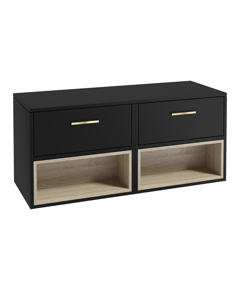MALMO 120CM TWO DRAWER MATT BLACK COUNTERTOP VANITY UNIT - BRUSHED GOLD HANDLES