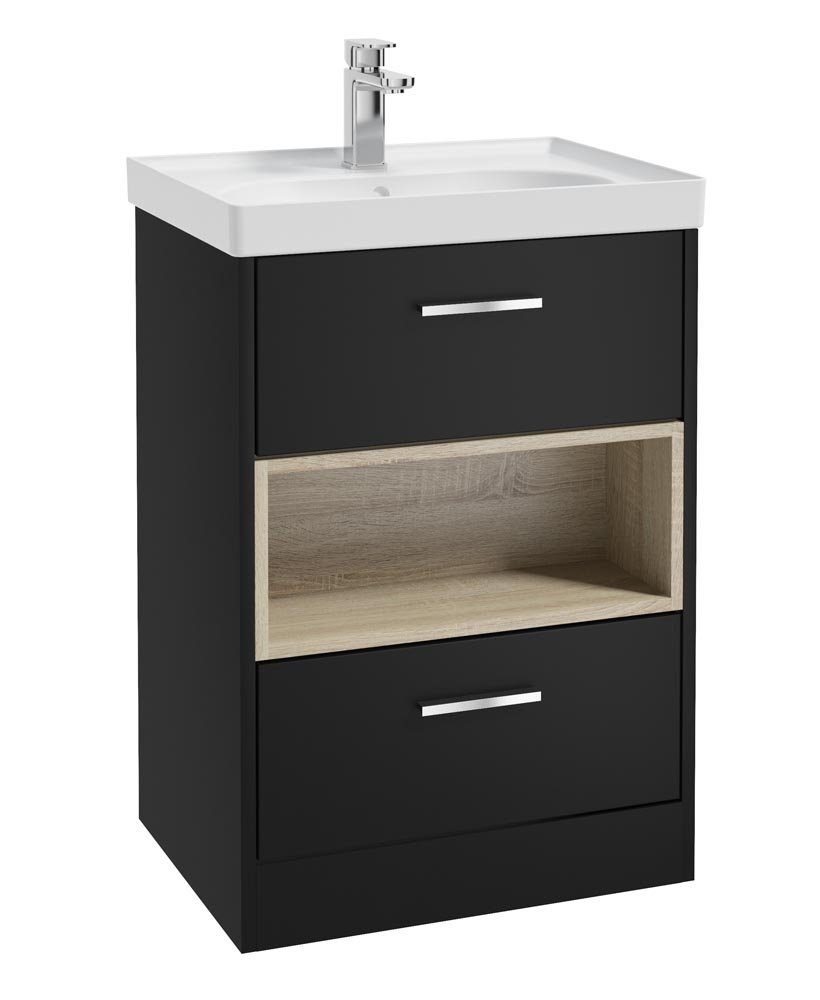 MALMO 60CM TWO DRAWER FLOOR STANDING MATT BLACK VANITY UNIT MATT BASIN - BRUSHED CHROME HANDLE