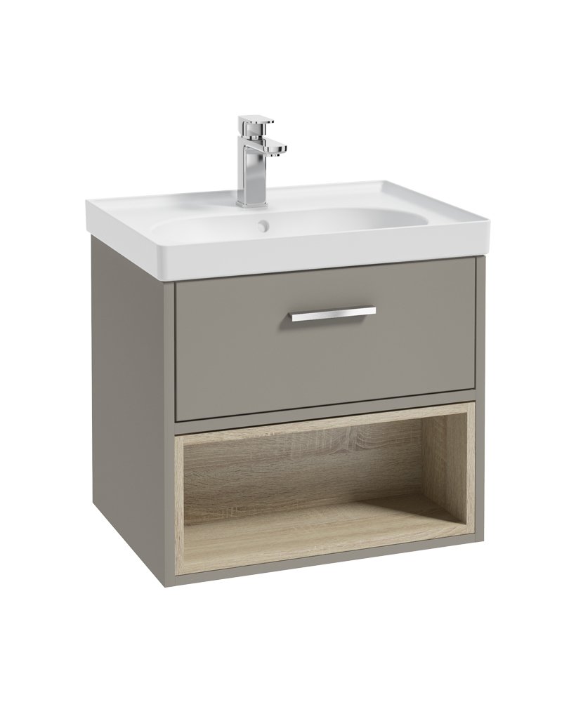 MALMO 60CM SINGLE DRAWER, OPEN SHELF UNIT, KHAKI, CHROME HANDLE, MATT BASIN