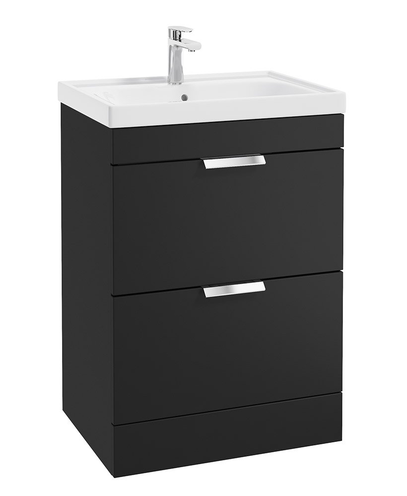 STOCKHOLM 60CM TWO DRAWER FLOOR STANDING MATT BLACK VANITY UNIT - BRUSHED CHROME HANDLES