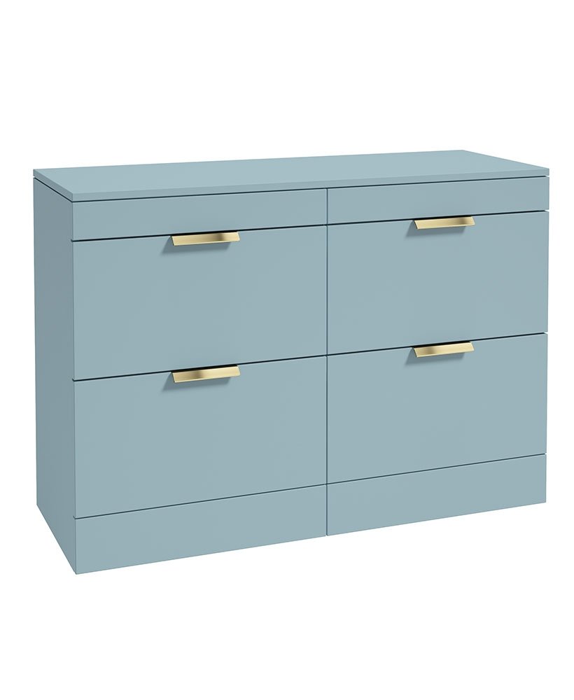 STOCKHOLM 120CM FLOOR STANDING FOUR DRAWER MORNING SKY BLUE MATT  COUNTERTOP VANITY UNIT - BRUSHED GOLD HANDLE