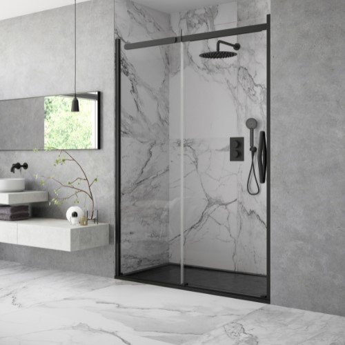 ORO SLIDER DOOR 1200MM RIGHT HAND MATT BLACK WITH CLEAR GLASS COMPLETE