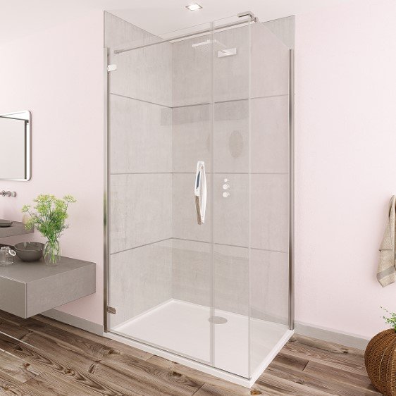 ORO HINGED DOOR  & INLINE 160CM RIGHT HAND BRIGHT SILVER WITH CLEAR GLASS COMPLETE