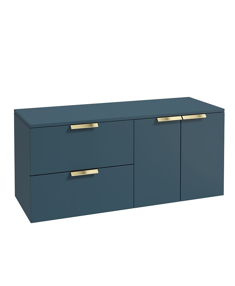 STOCKHOLM 120CM WALL HUNG TWO DRAWER/TWO DOOR OCEAN BLUE MATT  COUNTERTOP VANITY UNIT - BRUSHED GOLD HANDLE