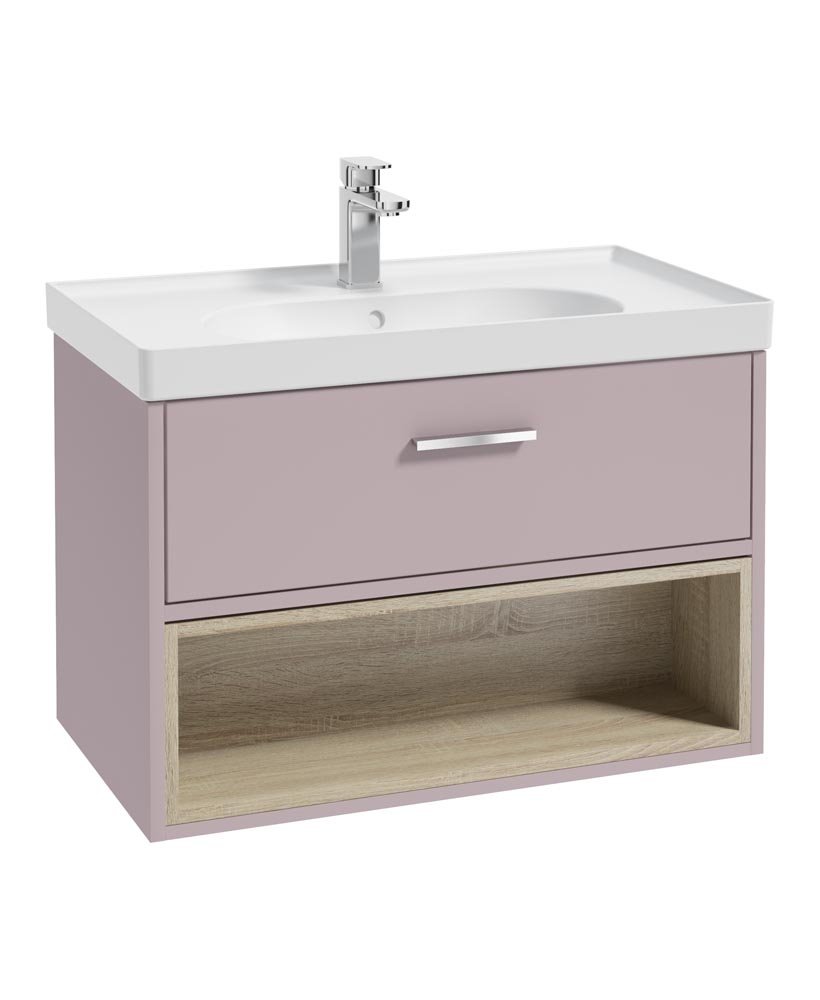 MALMO 80CM SINGLE DRAWER OPEN SHELF CASHMERE PINK MATT VANITY UNIT MATT BASIN - BRUSHED CHROME HANDLE