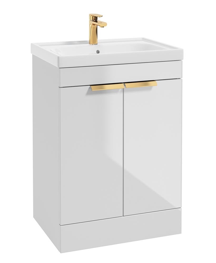 STOCKHOLM GLOSS WHITE 60CM 2 DOOR FLOOR STANDING VANITY UNIT - BRUSHED GOLD HANDLE