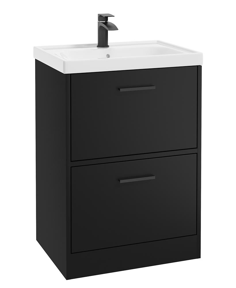 FINLAND 60CM TWO DRAWER MATT BLACK FLOOR STANDING VANITY UNIT - MATT BLACK HANDLE