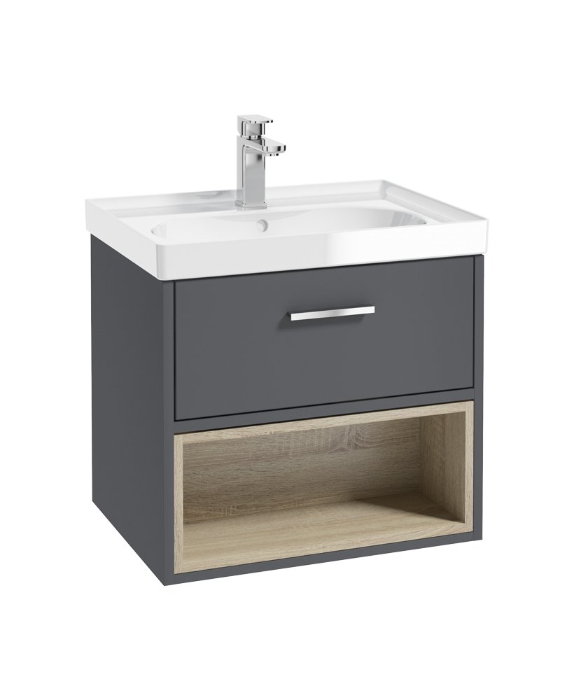 MALMO 60CM SINGLE DRAWER, OPEN SHELF UNIT, MIDNIGHT GREY, CHROME HANDLE, GLOSS BASIN