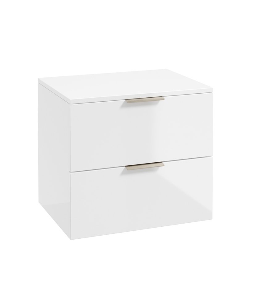 STOCKHOLM WALL HUNG 60CM TWO DRAWER COUNTERTOP VANITY UNIT GLOSS WHITE - BRUSHED NICKEL HANDLE