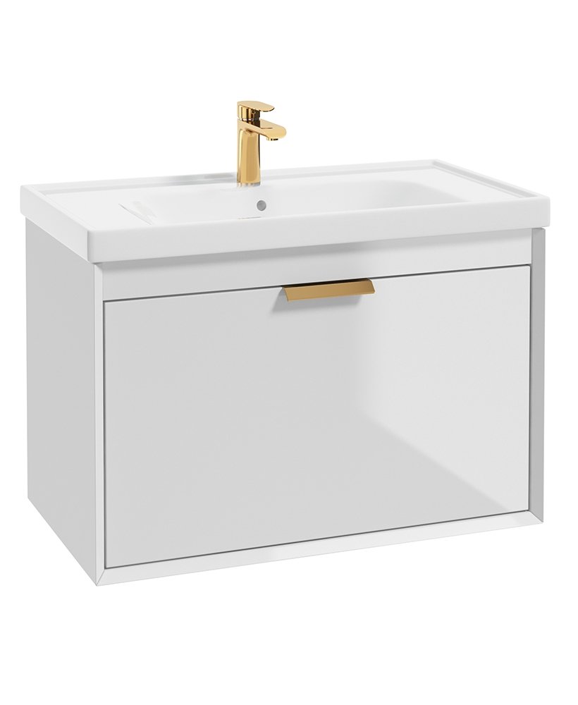 FJORD GLOSS WHITE  80CM WALL HUNG VANITY UNIT-BRUSHED GOLD HANDLE