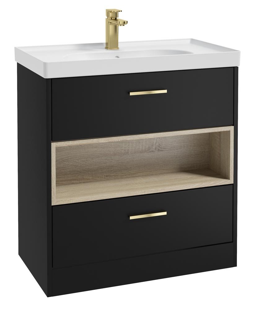 MALMO 80CM TWO DRAWER FLOOR STANDING MATT BLACK VANITY UNIT MATT BASIN - BRUSHED GOLD HANDLE