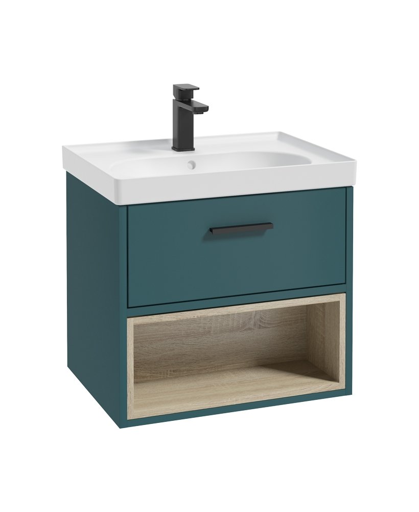 MALMO 60CM SINGLE DRAWER, OPEN SHELF UNIT, OCEAN BLUE, BLACK HANDLE, MATT BASIN