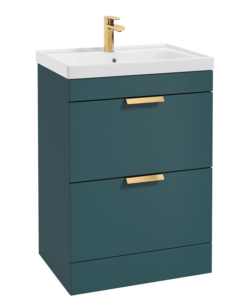 STOCKHOLM OCEAN BLUE MATT 60CM 2 DRAWER FLOOR STANDING VANITY UNIT - BRUSHED GOLD HANDLE