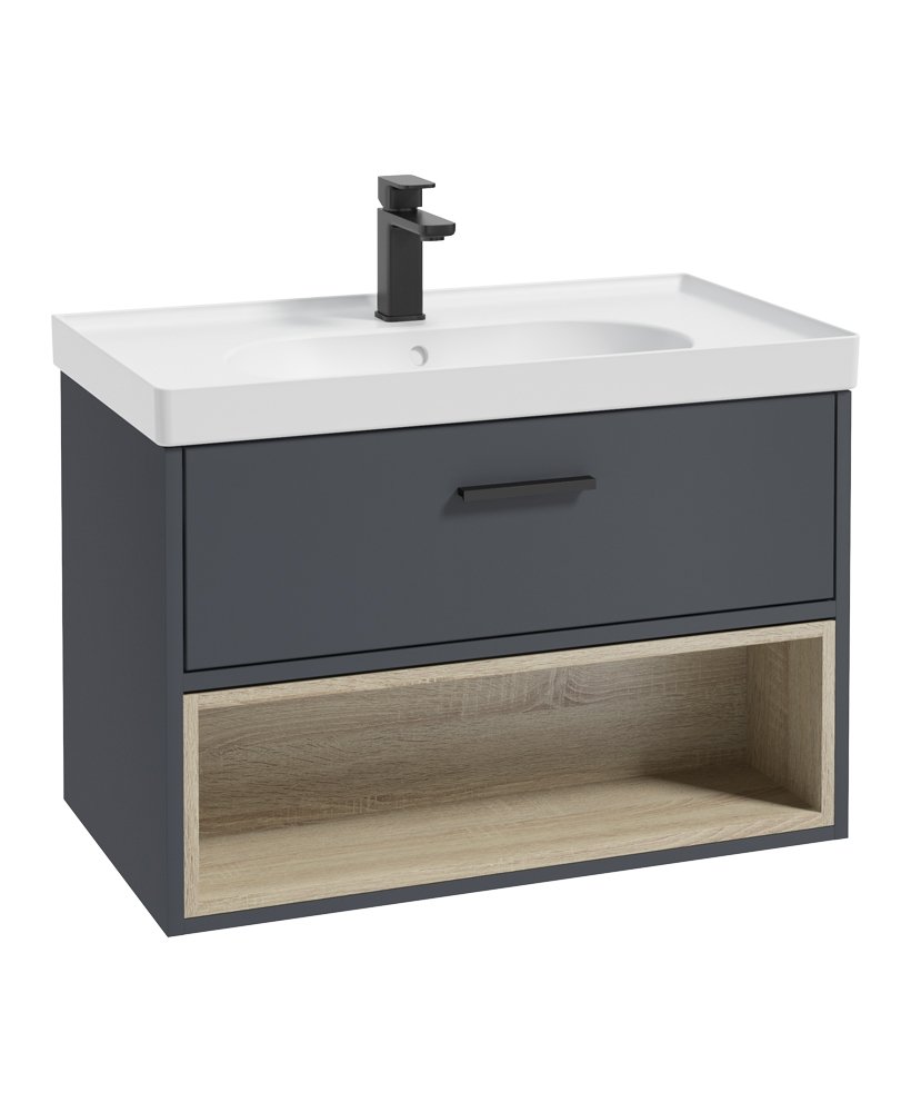 MALMO 80CM SINGLE DRAWER, OPEN SHELF UNIT, MATT NIGHT SKY BLUE, BLACK HANDLE, MATT BASIN