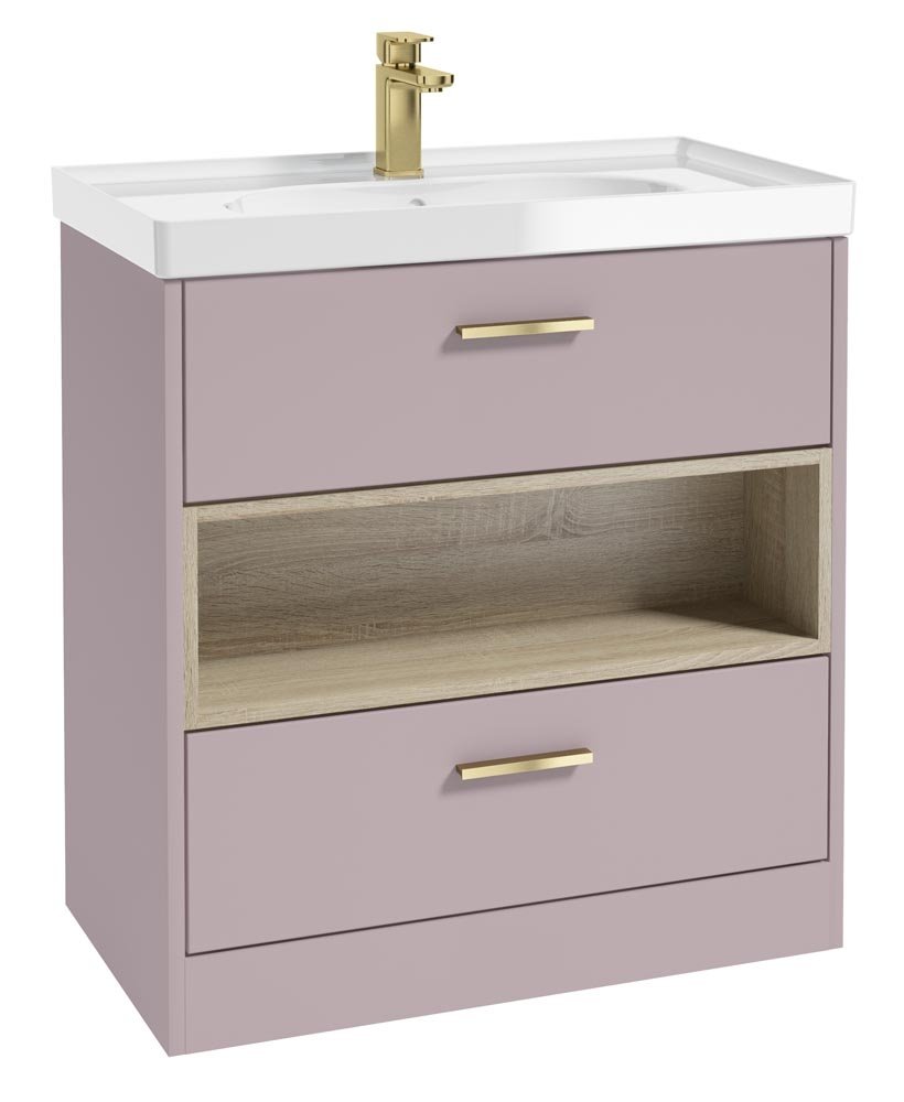 MALMO 80CM TWO DRAWER FLOOR STANDING CASHMERE PINK MATT VANITY UNIT GLOSS BASIN - BRUSHED GOLD HANDLE